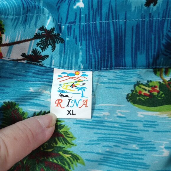Rina Bahama’s Bright Blue Island Scene Shirt XL Resort Wear Tropical Hawaiian - Picture 5 of 9